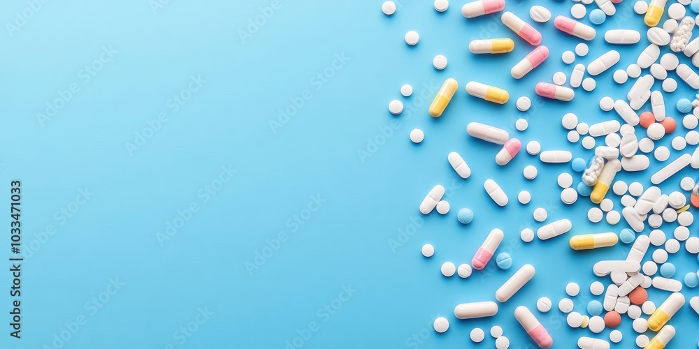 Poster pills are spread across a blue backdrop with a copyspace.