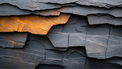 A close-up of layered rock formations featuring vibrant orange and deep black tones, showcasing...