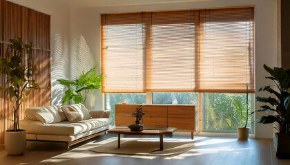 A realistic minimalist living room with sleek, modern furniture, with natural sunlight, AI generative 