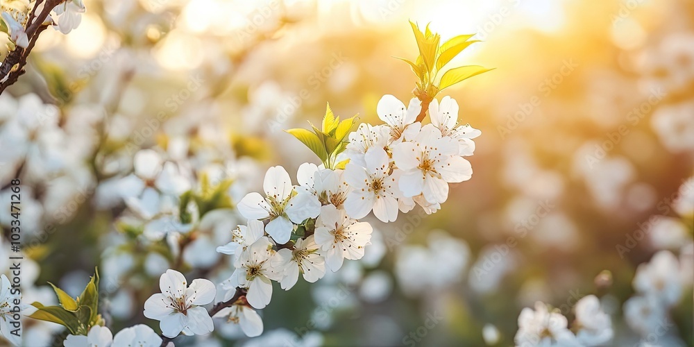 Poster blooming field of cherry trees with white flowers on a sunny spring day - image