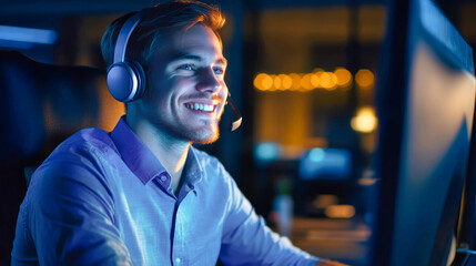 Happy customer service agent wearing headset working in call center at night while assisting clients