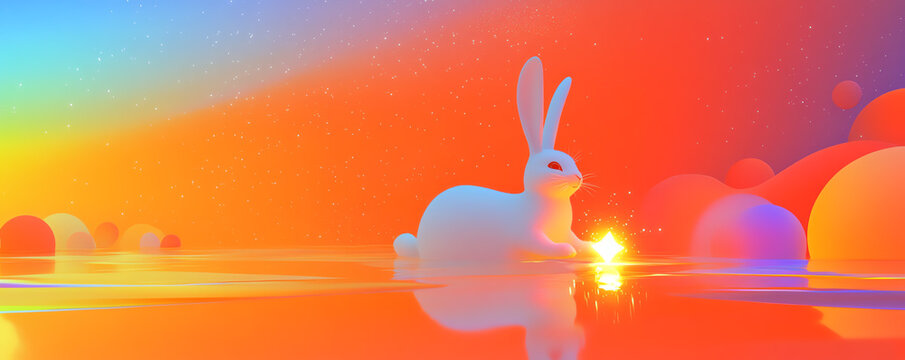 Charming white rabbit in outer space, peacefully floating while holding a glowing star, surrounded by a starry sky filled with colorful planets and sparkles