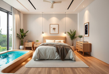 interior of a modern and luxurious bedroom with jacuzzi, Bright and beautiful, AI Generative 