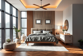 interior of a modern and luxurious bedroom, cosy and minimalistic, Bright and beautiful, AI Generative 