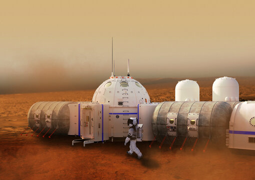 Astronaut near base on Mars, illustration