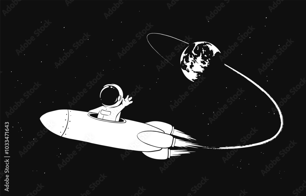 Canvas Prints an astronaut in rocket flies from earth orbit into outer space.vector illustration