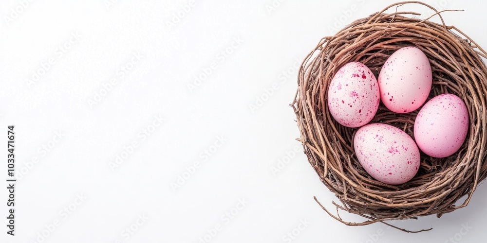 Poster easter arrangement featuring a wicker nest and pink eggs on a white background. top view, copy space