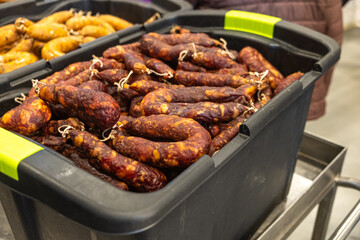 smoked pork sausages, traditional from the north of Portugal. Feira do Fumeiro event, Montalegre