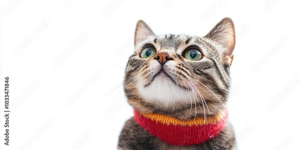 Poster close-up of a curious grey tabby cat gazing up at the copyspace area, set against a white background