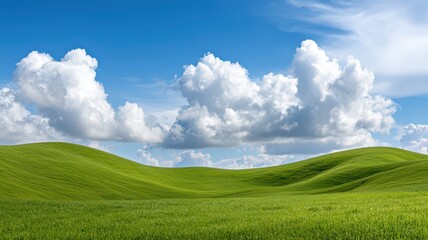 Obraz premium Expansive rolling green hills beneath a partly cloudy sky, perfect for adding your custom text above.