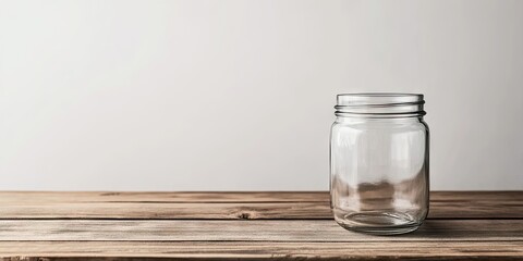 Clear glass jar on wooden table against a white wall backdrop. Copyspace, open area for text.