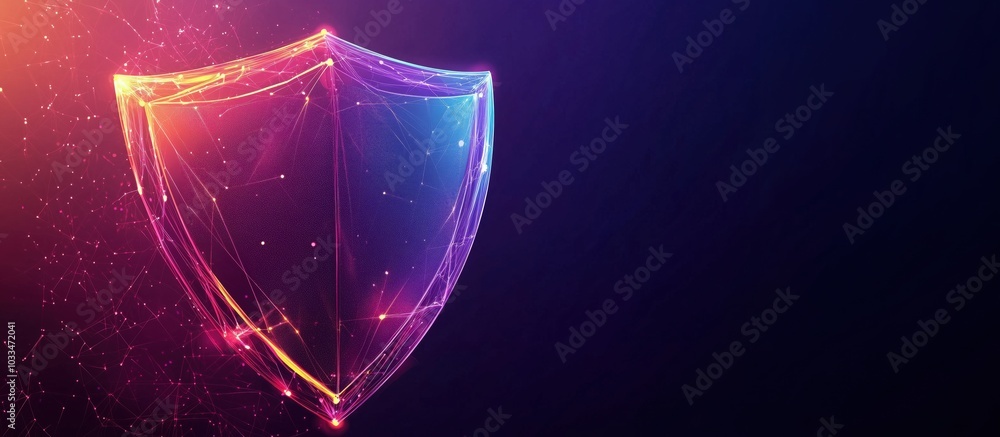 Poster digital shield symbolizing cybersecurity, glowing lines and particles, dark background