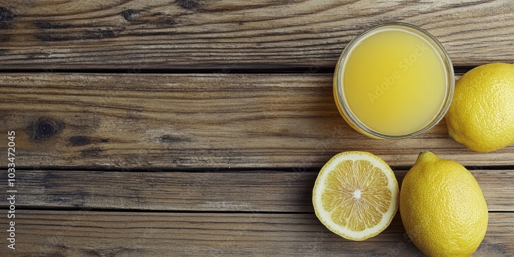 Poster lemon juice or lemonade alongside a yellow lemon slice on a wooden table background. copy space.