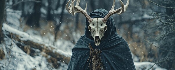 Person in ram skull mask and black cloak in snowy forest. Dark fantasy and mysterious concept.
