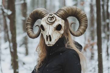 Person in black coat wearing ram skull mask in snowy forest. Mysterious winter concept.