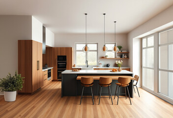 A modern minimalistic open kitchen, interior design, Natural wooden, and bright with sunlight, AI Generative 