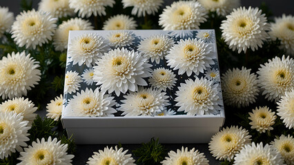 Elegant white camellias atop a luxury box with soft snowflakes in the background