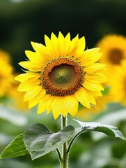 Fototapeta premium Sunflower field at dawn, dew-kissed petals radiating warmth and evoking serene morning feelings.
