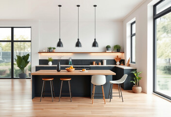 A modern minimalistic open kitchen, interior design, Natural wooden, and bright with sunlight, AI Generative 