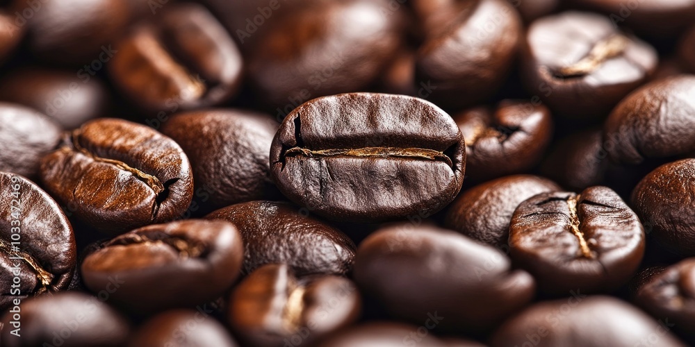 Poster macro close-up background image of roasted coffee beans in contrasting tones.