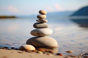 Fototapeta premium Stones stacked in the sand pebble sea tranquility.