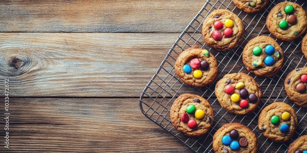 Poster cookies topped with colorful candies and chocolate chips on a wire rack. wooden background. copy spa