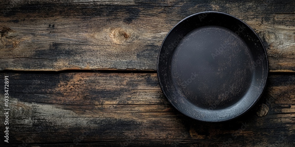 Poster table arrangement featuring a vintage empty black plate on rustic wood. dark backdrop. top view. cop