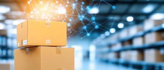 Stacked cardboard boxes in a warehouse with digital network overlay, symbolizing logistics and supply chain innovation.