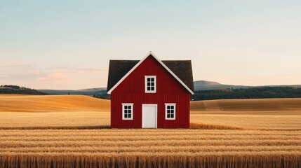 A charming red house stands alone in a golden field, surrounded by serene landscapes and a clear blue sky.