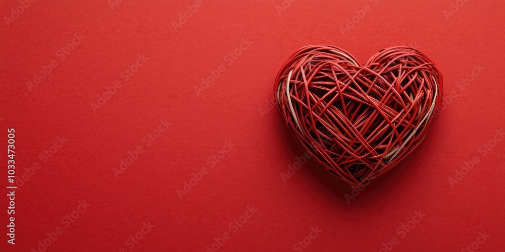 Poster red wicker heart rests on a red paper background. empty copy space for a message. happy valentine's 