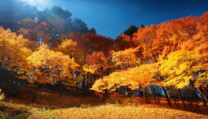 青空の下紅葉したカエデの林