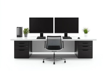 Modern office setup with dual monitors and a stylish chair, white isolated background
