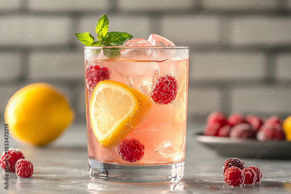 Aufkleber refreshing raspberry lemon drink with mint garnish on a table
