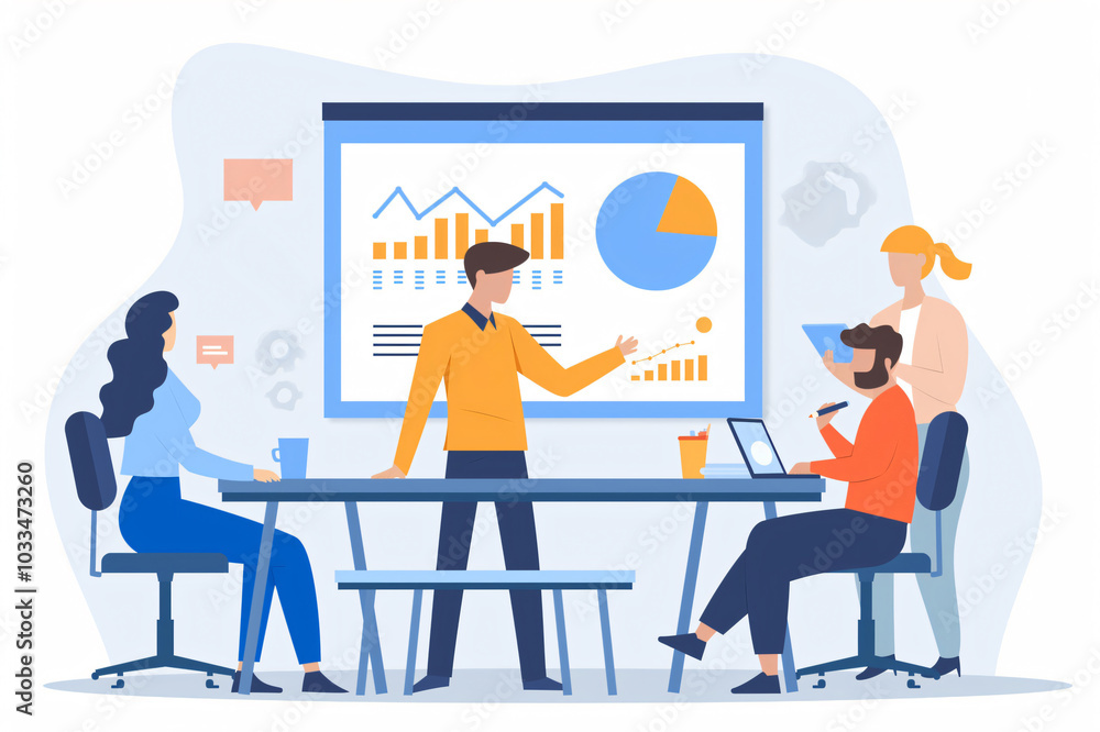Poster marketing executive is standing and pointing at a whiteboard showing graphs and charts to his collea