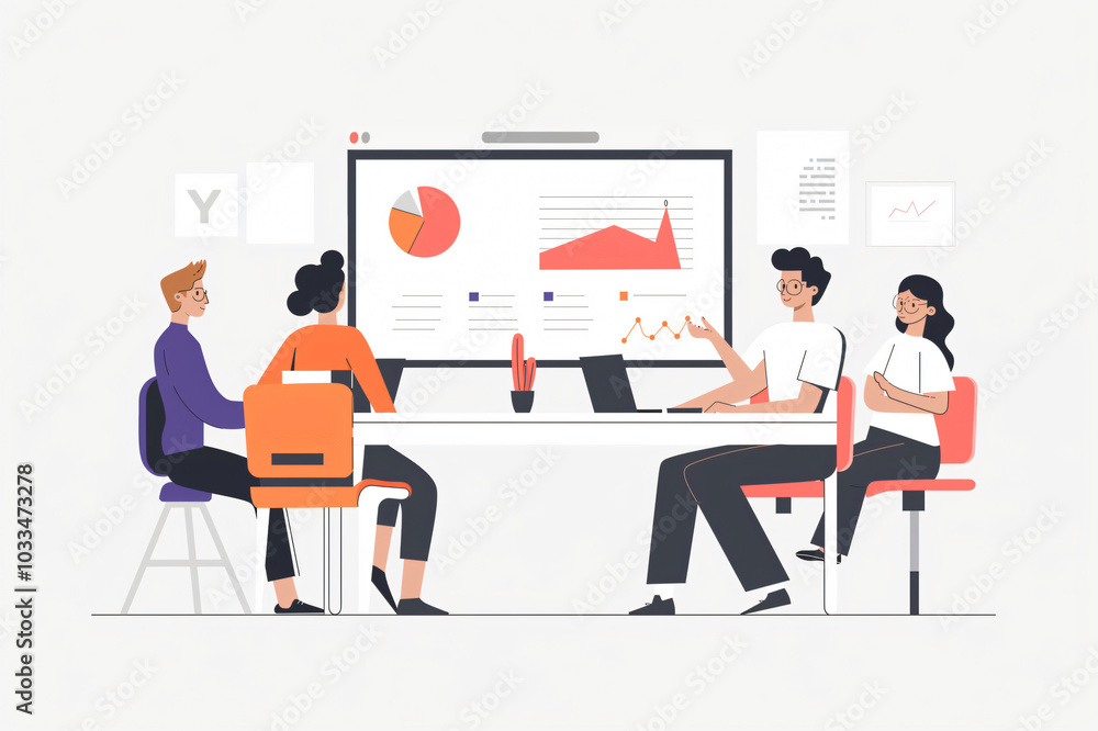 Poster marketing executive is presenting a strategy to his team, using data visualization on a large screen