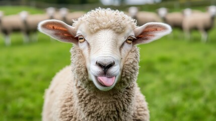 Obraz premium A close-up of a sheep in a lush green field, showcasing its playful demeanor and fluffy wool, perfect for farm and nature themes.
