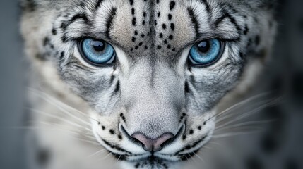 A close-up of a snow leopard showcasing its striking blue eyes and unique spotted fur, embodying the beauty of wilderness.