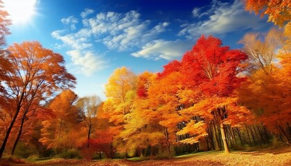 青空の下紅葉したカエデの林