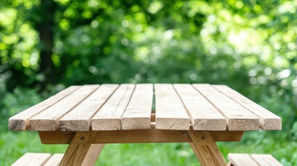 Wooden picnic table in serene outdoor setting, perfect for adding your own text or message above.