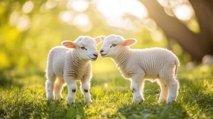 Obraz premium Two adorable white lambs standing in a field of green grass, with the sun shining through the trees in the background.