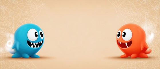 Two playful cartoon monsters, one blue and one orange, face each other in a cheerful and whimsical scene with a light background.