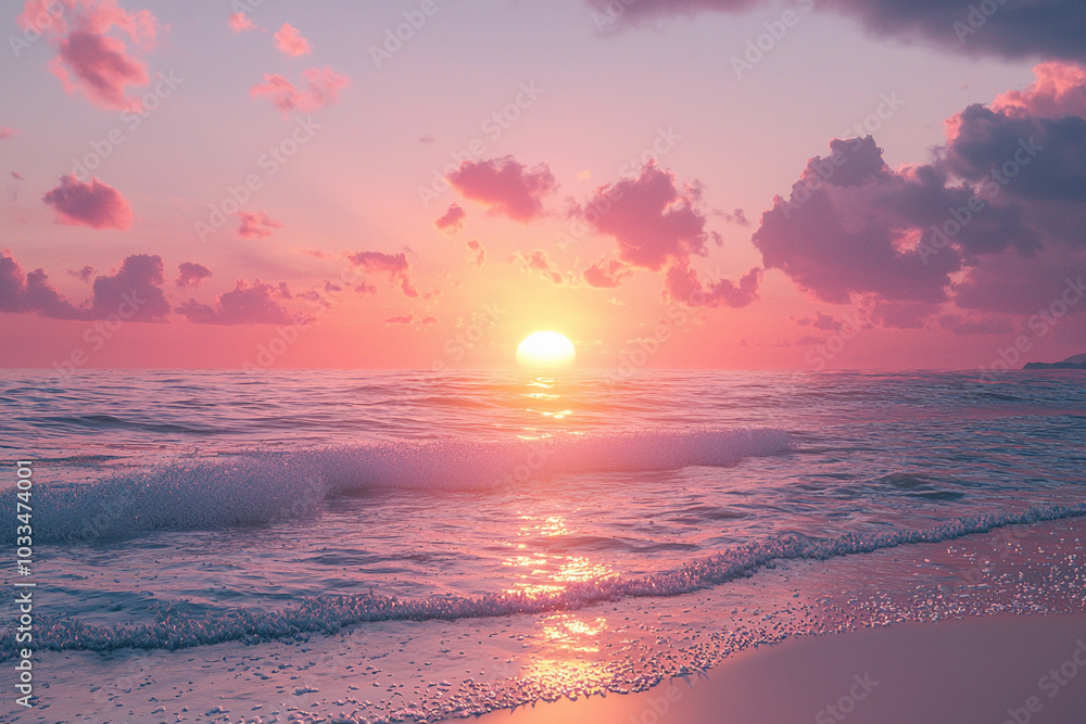 Poster Stunning sunset over the calm ocean with pink hues at the beach