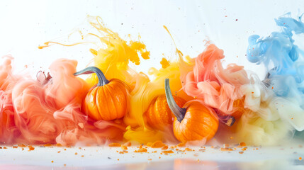 Several large orange pumpkins are fooling around in colored thick mysterious smoke on a white background. A Thanksgiving or Halloween concert. Yellow-orange-blue smoke