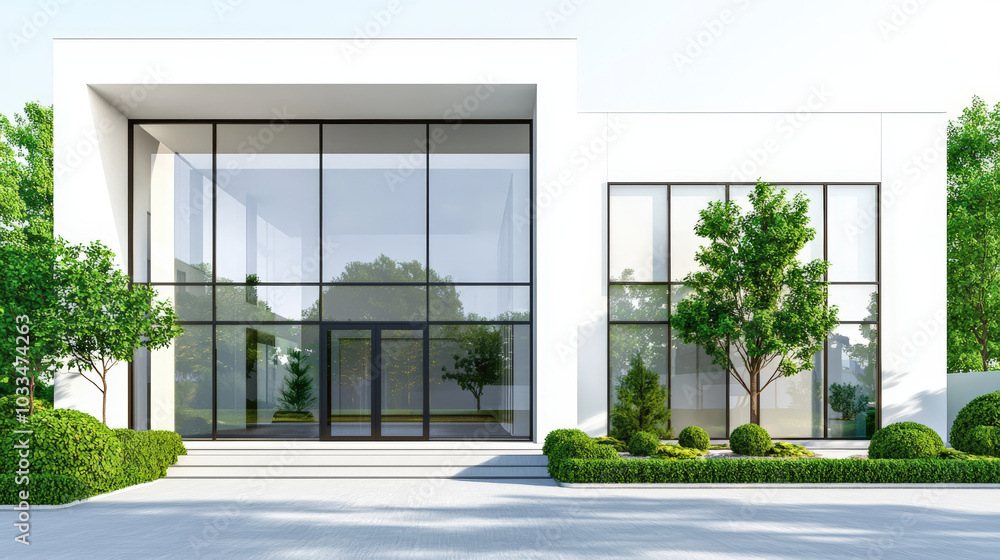 Poster modern office building with large glass windows and minimalist design, surrounded by greenery and ne