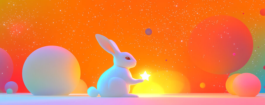 Charming white rabbit in outer space, peacefully floating while holding a glowing star, surrounded by a starry sky filled with colorful planets and sparkles