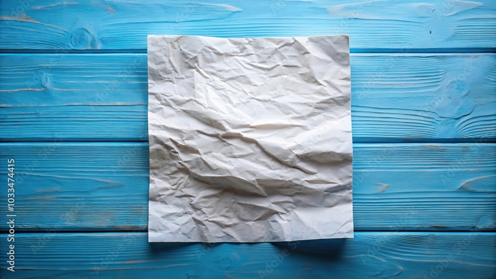 Wall mural folded and wrinkled white paper on blue wooden background with shadow