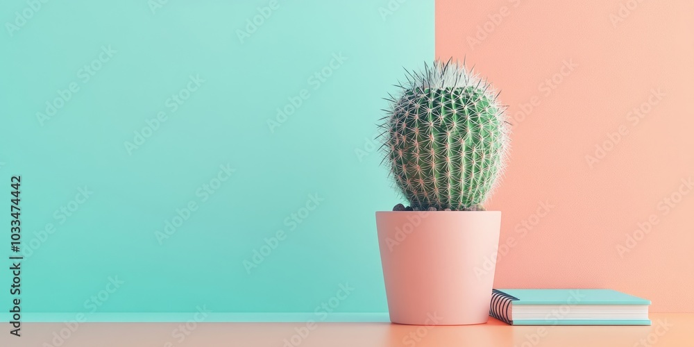 Poster Minimal cactus pot resting on a notebook in front of a pastel wall. Frontal view. Potted cactus houseplants with copyspace for text.