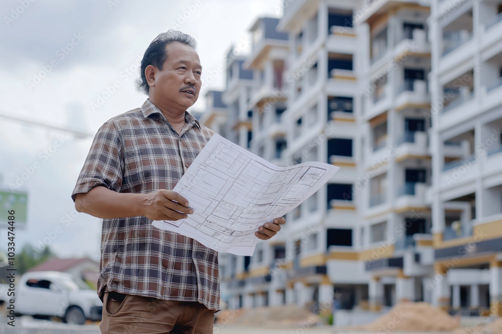 Poster experienced architect is reviewing blueprints on a building site, ensuring the project is on track