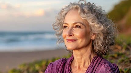 stunning portrait of mature woman smiling, enjoying serene beach atmosphere with soft waves in background. Her joyful expression radiates warmth and tranquility