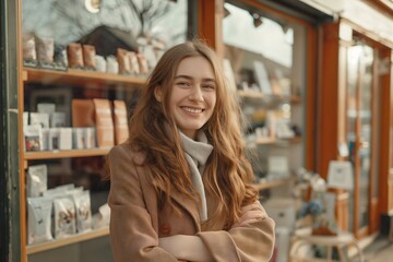 Young businesswoman is smiling with her arms crossed, standing in front of her store